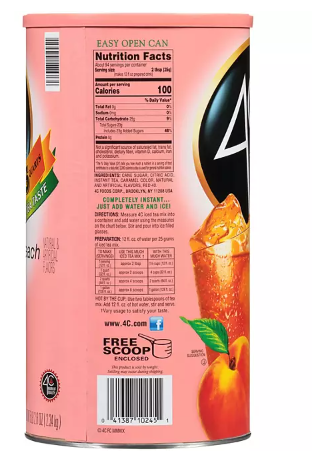 Large 82.6 oz container of 4C Peach Iced Tea Mix