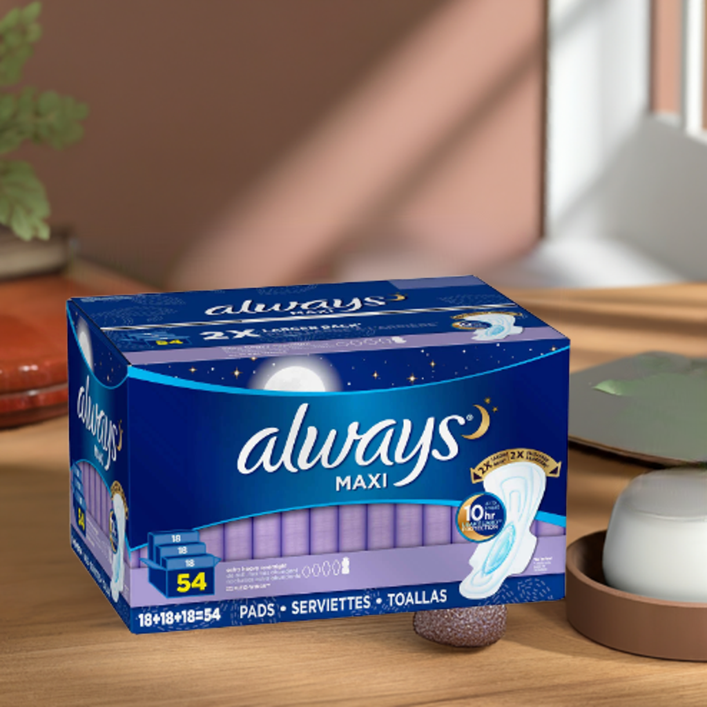 Always Maxi overnight pad showing the extra coverage