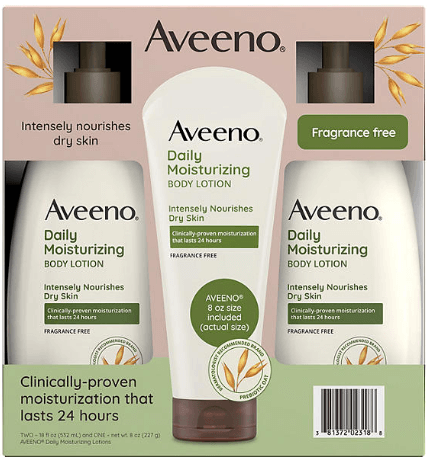Aveeno Daily Moisturizing Body Lotion Set with two 18 oz bottles and one travel-size tube, fragrance-free, for dry skin.