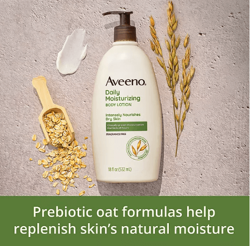 Aveeno Daily Moisturizing Body Lotion Set with two 18 oz bottles and one travel-size tube, fragrance-free, for dry skin.